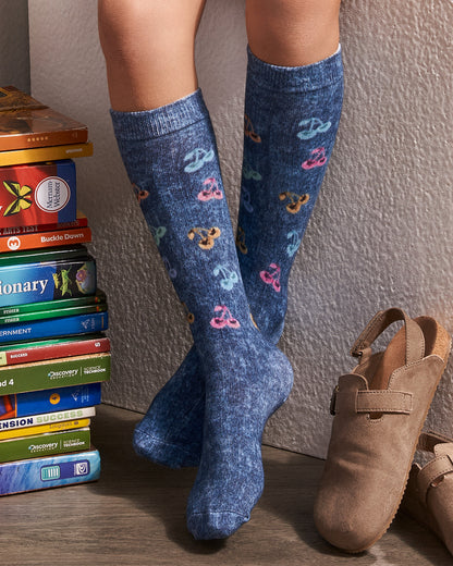 Distressed Wash Denim Cherries Girls Knee High Sock