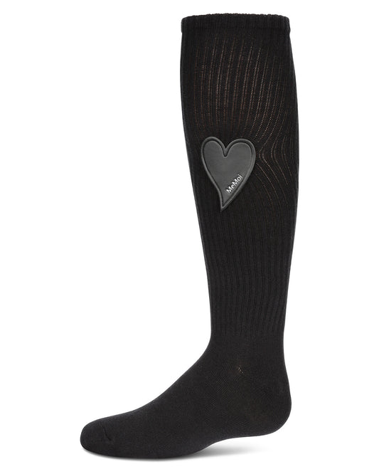 Girls Ribbed Cotton Blend Heart Patch Knee Sock : Color: Black