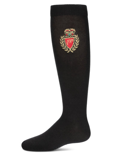 Girls' Embroidered Crest Cotton Knee High Socks : Color: Black
