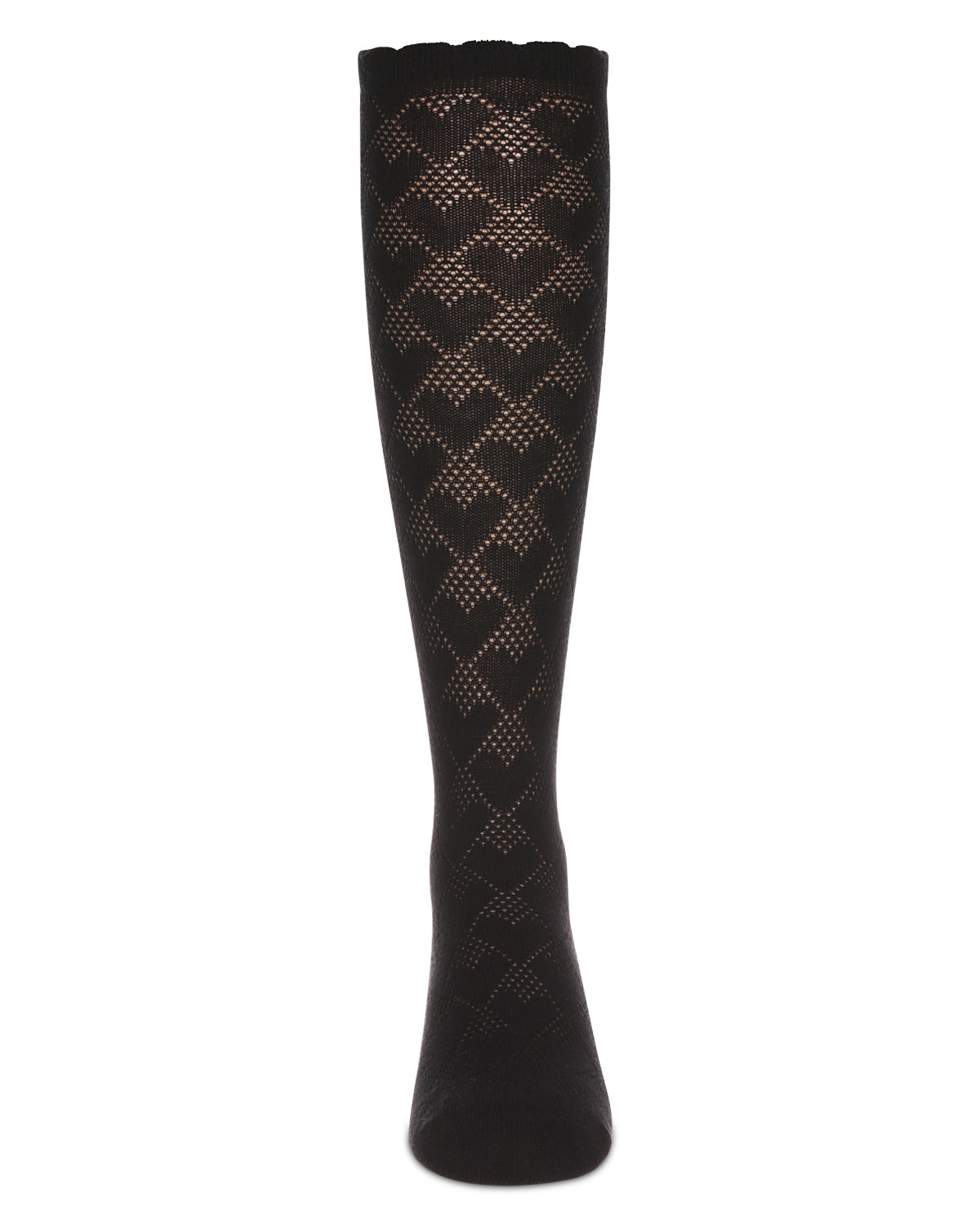 A single black knee-high sock with a textured, openwork chevron and diamond pattern, shown against a plain white background.