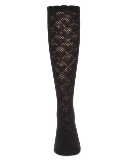 A single black knee-high sock with a textured, openwork chevron and diamond pattern, shown against a plain white background.