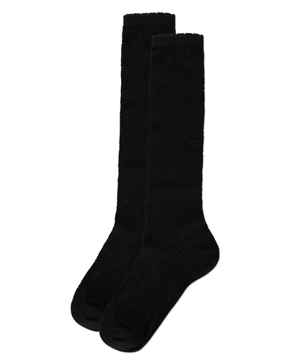 A pair of black knee-high socks with a textured knit pattern, displayed against a solid white background.