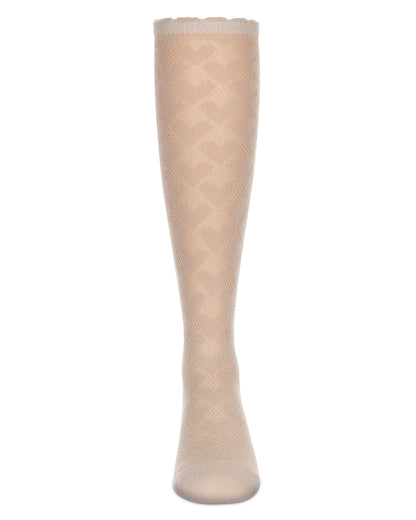 A single knee-high sheer sock in a light beige color, featuring a subtle diamond pattern and a ribbed top cuff, shown against a plain white background.