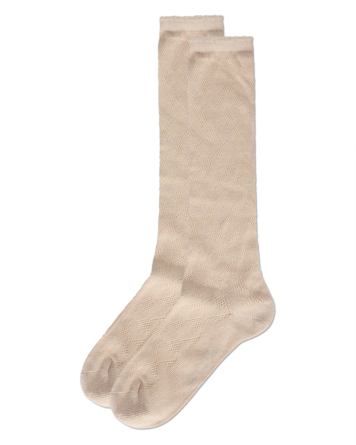 A pair of cream-colored, textured knee-high socks with a subtle diamond knit pattern, displayed against a solid white background.