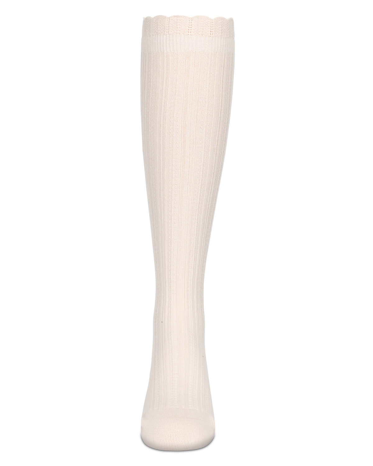 A single off-white ribbed knee-high sock shown flat against a solid white background.