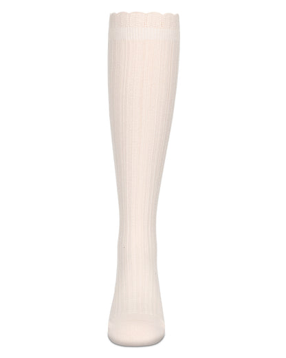 A single off-white ribbed knee-high sock shown flat against a solid white background.