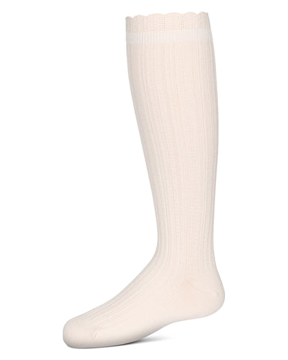 A single off-white ribbed knee-high sock shown on a white background.
