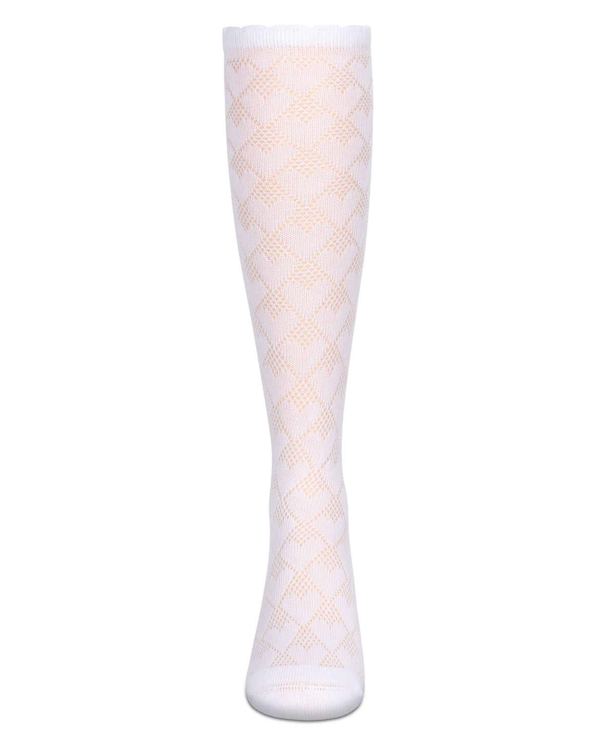 A single white knee-high sock with a light peach geometric diamond pattern, shown against a plain white background.