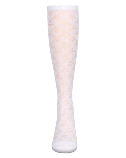 A single white knee-high sock with a light peach geometric diamond pattern, shown against a plain white background.