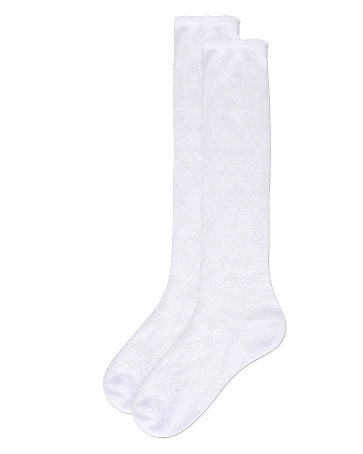 A pair of white knee-high socks with a subtle textured diamond pattern, shown against a plain white background.