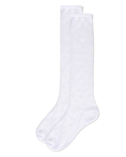 A pair of white knee-high socks with a subtle textured diamond pattern, shown against a plain white background.
