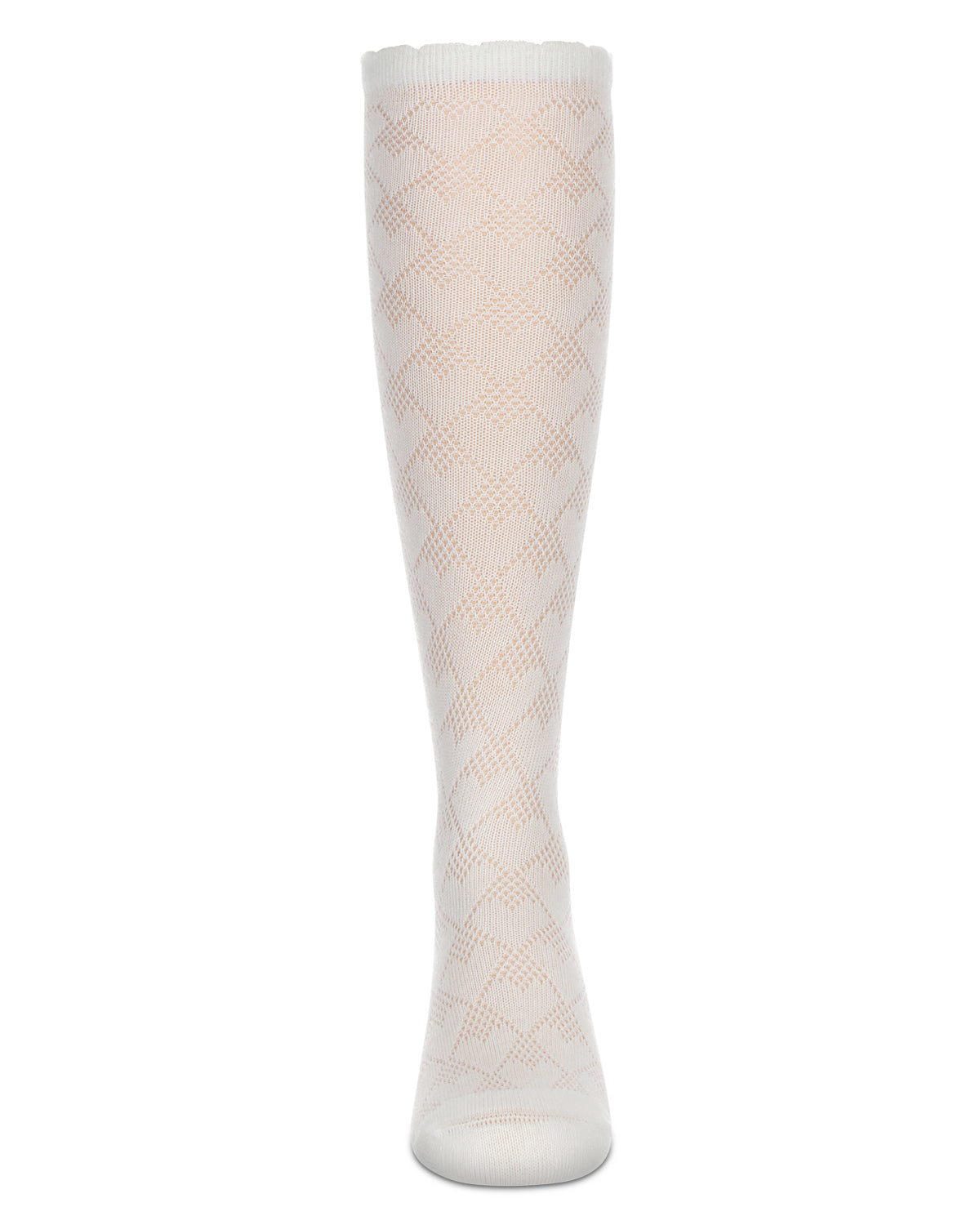 A single off-white knee-high sock with a textured, openwork diamond pattern, shown against a solid white background.