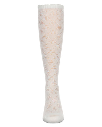 A single off-white knee-high sock with a textured, openwork diamond pattern, shown against a solid white background.