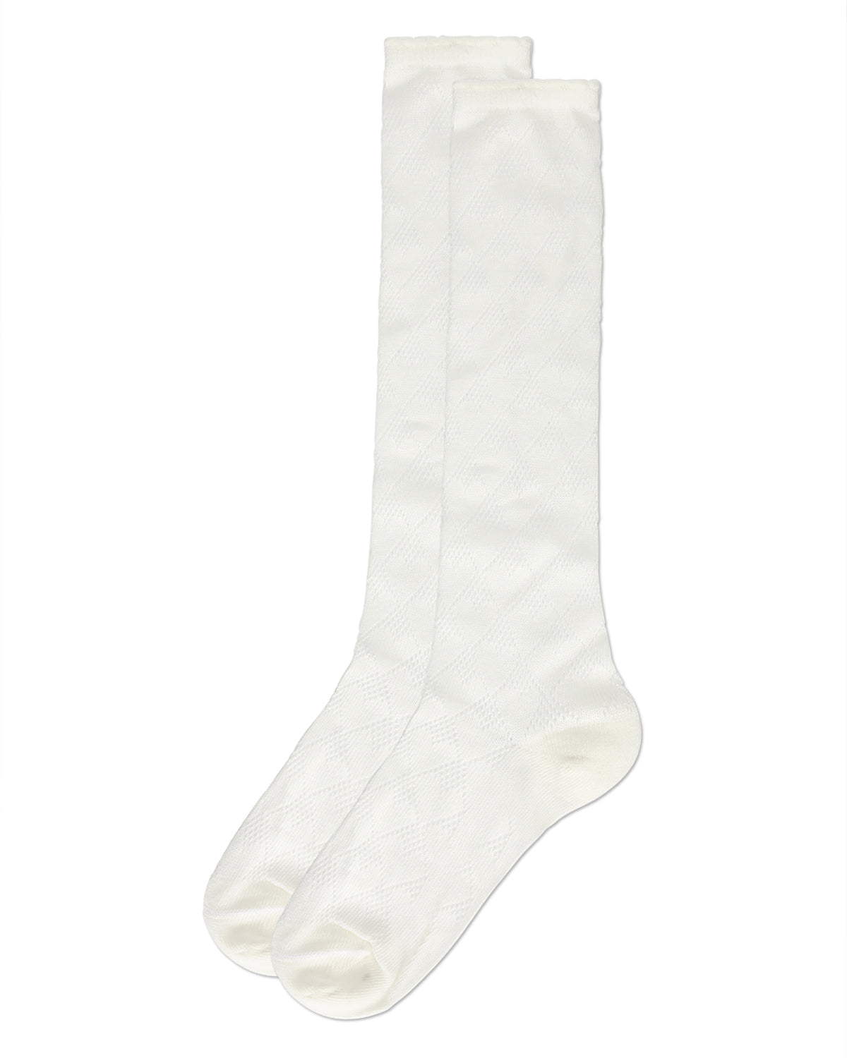 A pair of off-white ribbed knee-high socks displayed flat against a solid white background.