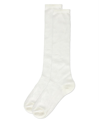A pair of off-white ribbed knee-high socks displayed flat against a solid white background.