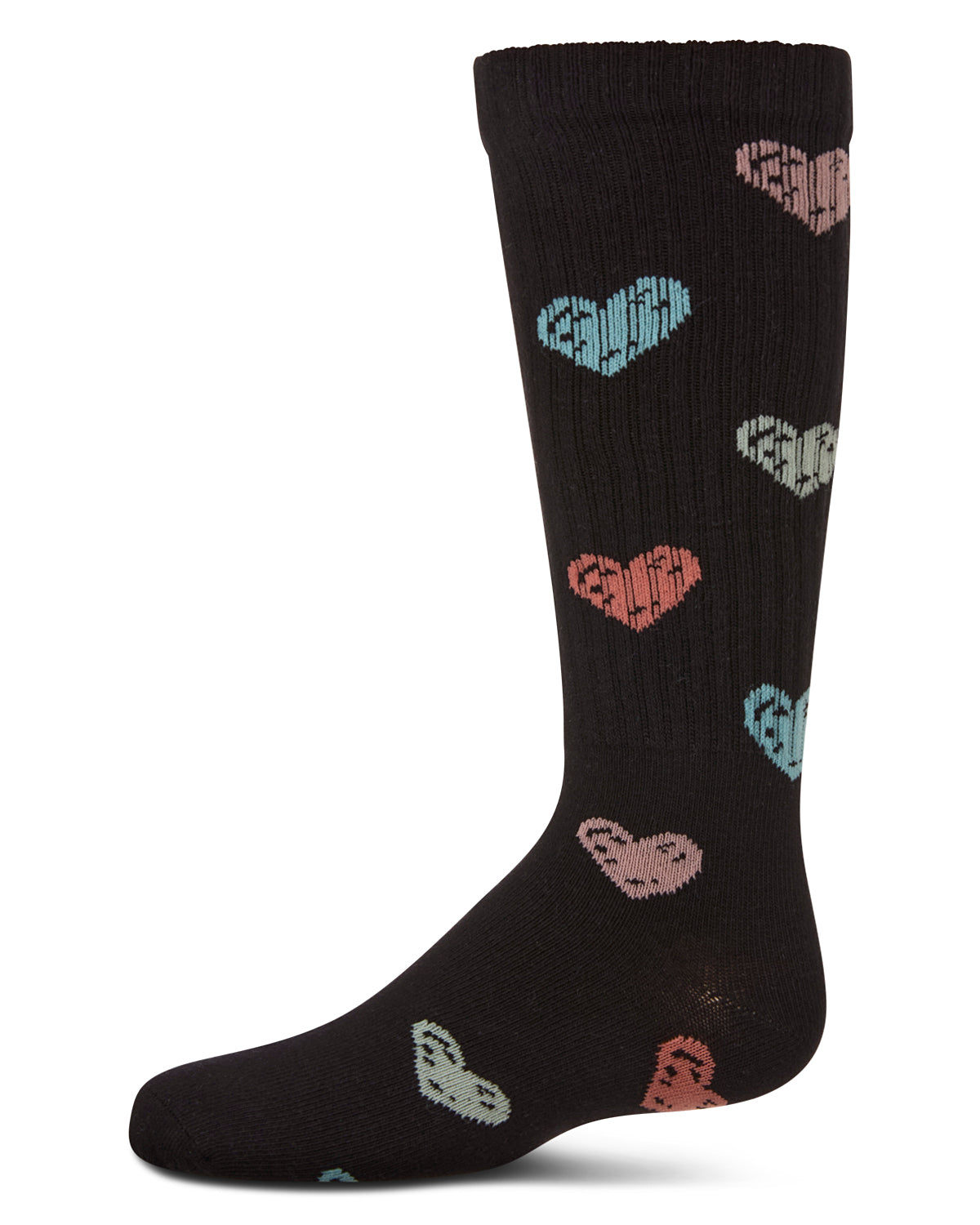 Girls Ribbed Cotton Blend "Multi Graffiti Hearts" Knee Sock : Color: Black