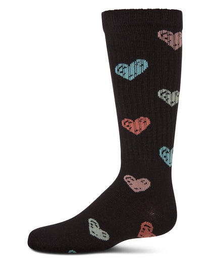 Girls Ribbed Cotton Blend "Multi Graffiti Hearts" Knee Sock : Color: Black