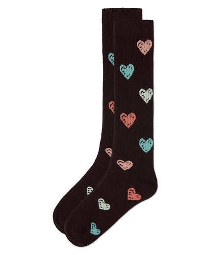 Girls Ribbed Cotton Blend "Multi Graffiti Hearts" Knee Sock : Color: Black