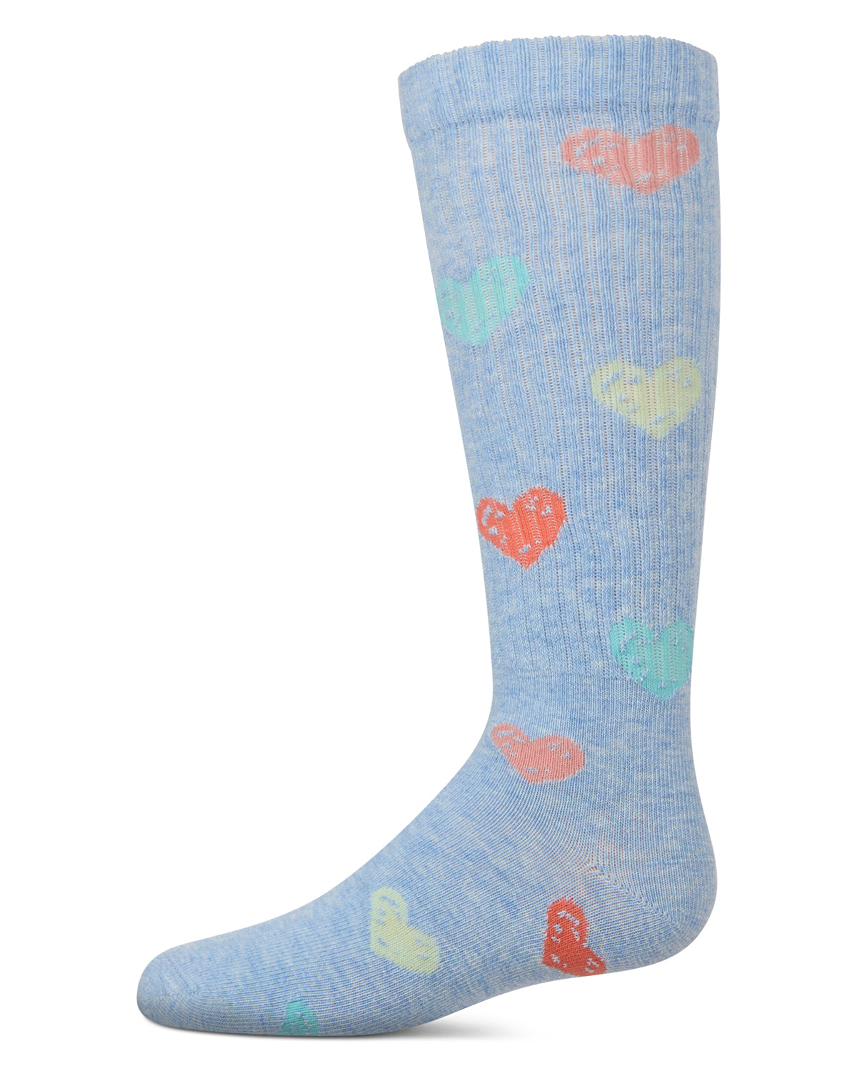 Girls Ribbed Cotton Blend "Multi Graffiti Hearts" Knee Sock : Color: Chambray Heather
