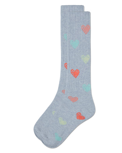 Girls Ribbed Cotton Blend "Multi Graffiti Hearts" Knee Sock : Color: Black