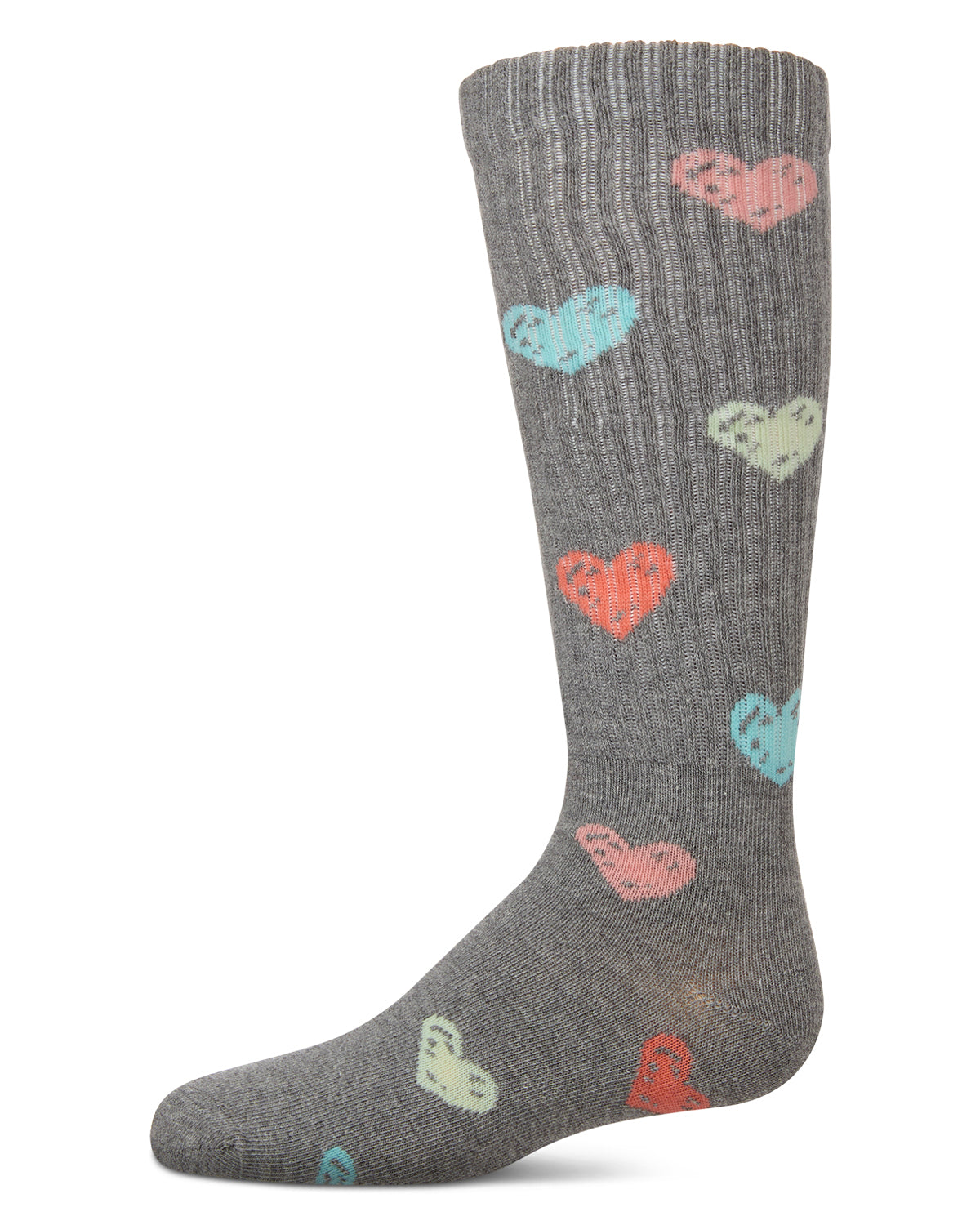Girls Ribbed Cotton Blend "Multi Graffiti Hearts" Knee Sock : Color: Med Gray Heather