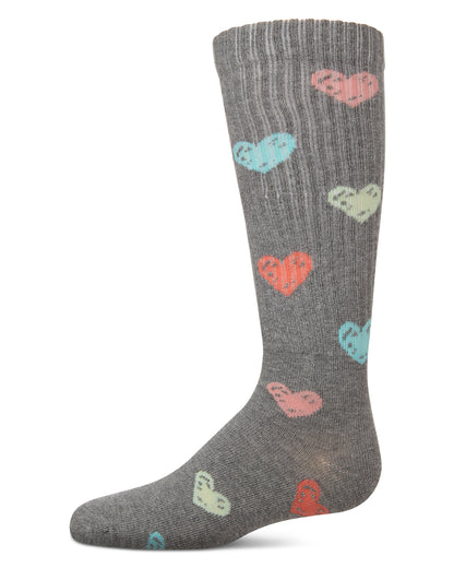 Girls Ribbed Cotton Blend "Multi Graffiti Hearts" Knee Sock : Color: Med Gray Heather