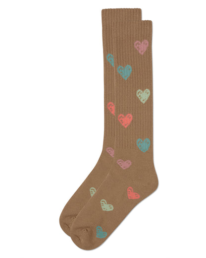 Girls Ribbed Cotton Blend "Multi Graffiti Hearts" Knee Sock : Color: Black