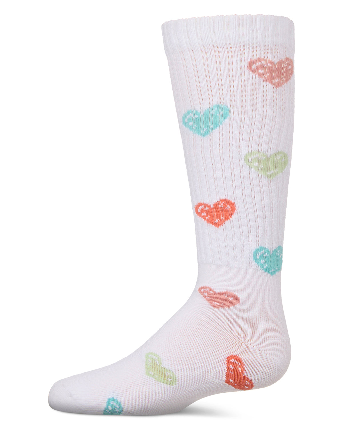 Girls Ribbed Cotton Blend "Multi Graffiti Hearts" Knee Sock : Color: White