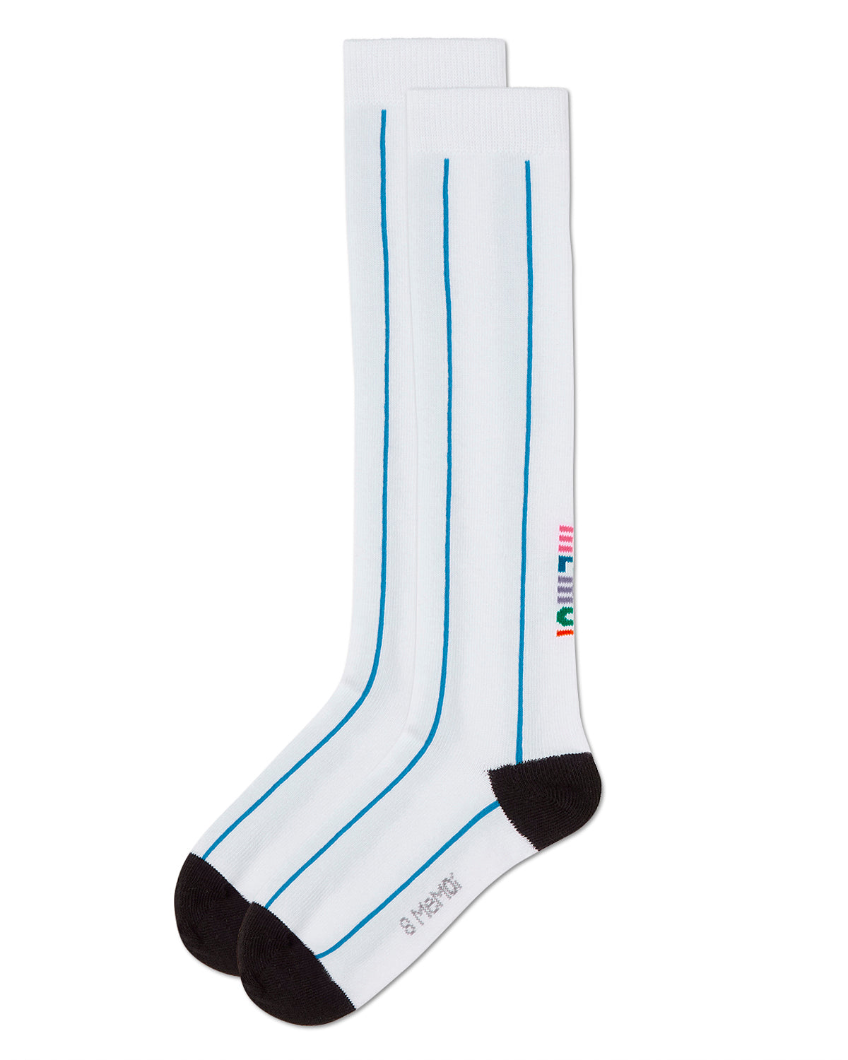 Girls Sporty Stretch Cotton Logo Vertical Stripe Knee Sock : Color: White