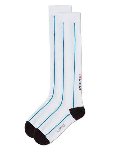 Girls Sporty Stretch Cotton Logo Vertical Stripe Knee Sock : Color: White