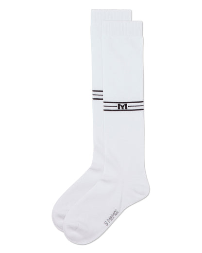 Girls Stretch Cotton Multi Stripe "M Graphic" Knee Sock : Color: Denim