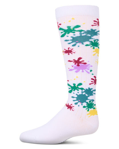 Girls Stretch Cotton "Splatter Paint" Knee Sock : Color: White