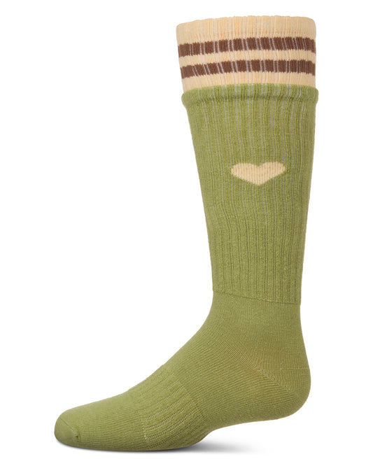 Girls Ribbed Cotton Blend "Heart and Stripes" Knee Sock : Color: Green