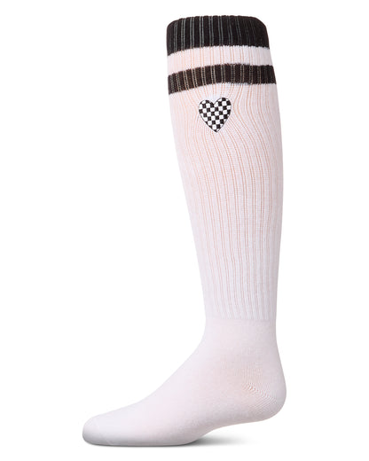 Girls Ribbed Varsity Stripe "Checkered Heart" Cotton Rich Knee Sock : Color: Black