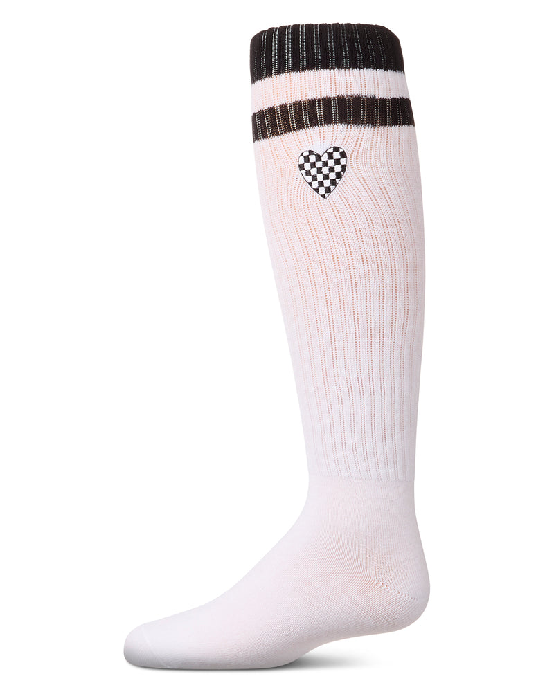 Girls Ribbed Varsity Stripe "Checkered Heart" Cotton Rich Knee Sock