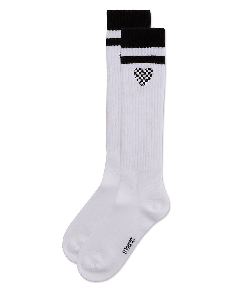 Girls Ribbed Varsity Stripe "Checkered Heart" Cotton Rich Knee Sock