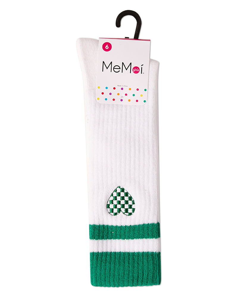 Girls Ribbed Varsity Stripe "Checkered Heart" Cotton Rich Knee Sock