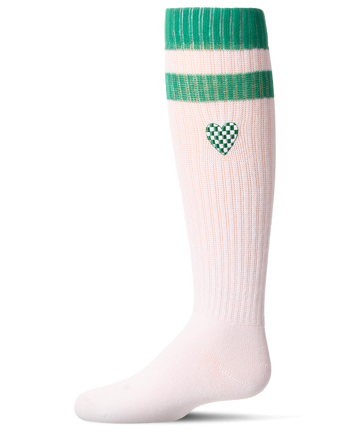 Girls Ribbed Varsity Stripe "Checkered Heart" Cotton Rich Knee Sock : Color: Green