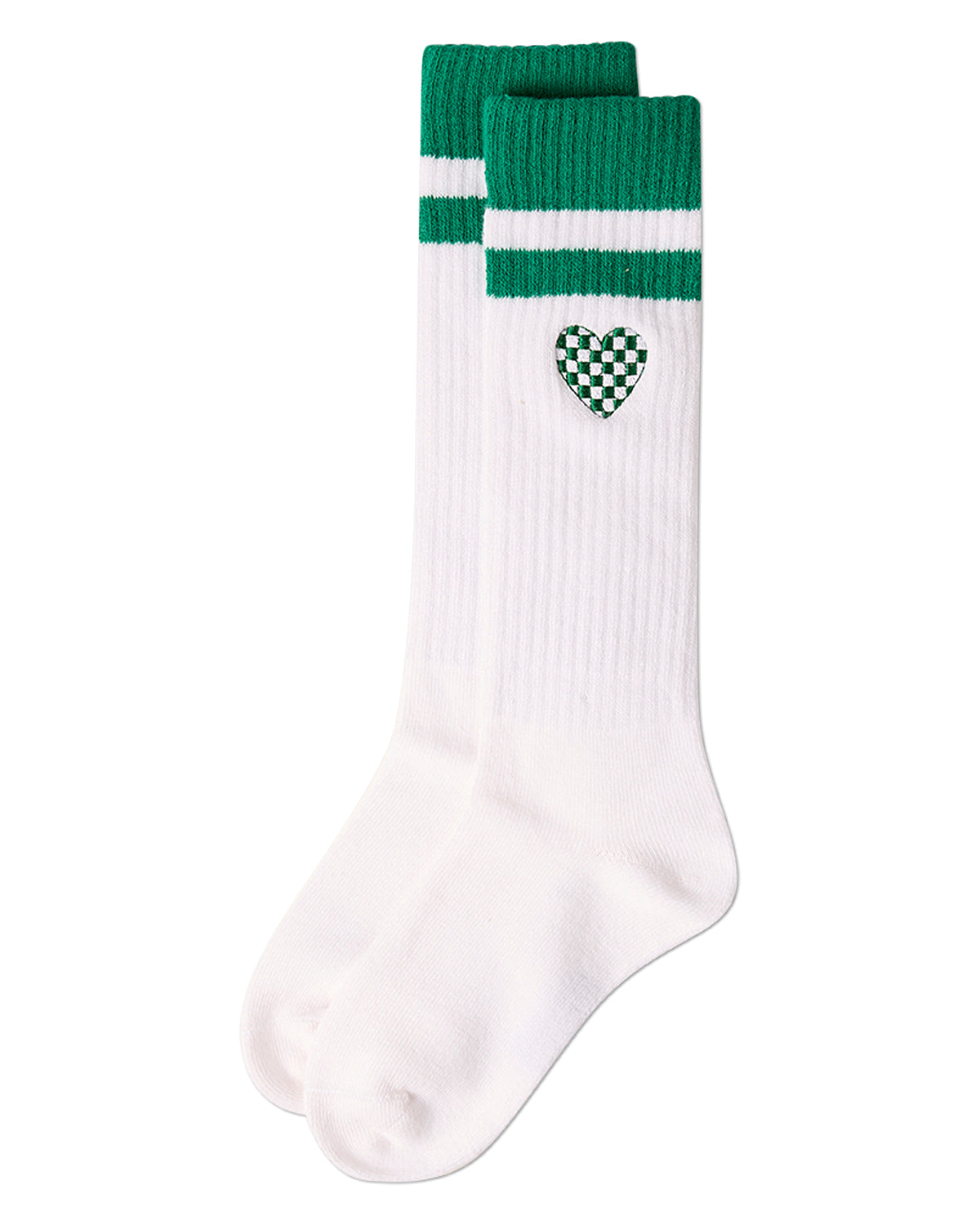 Girls Ribbed Varsity Stripe "Checkered Heart" Cotton Rich Knee Sock : Color: Black