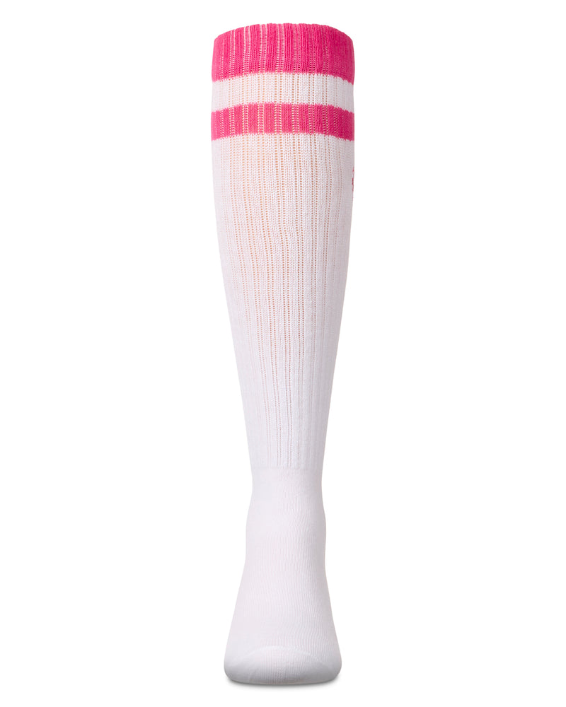 Girls Ribbed Varsity Stripe "Checkered Heart" Cotton Rich Knee Sock