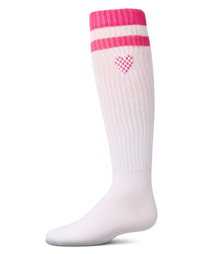 Girls Ribbed Varsity Stripe "Checkered Heart" Cotton Rich Knee Sock : Color: Pink
