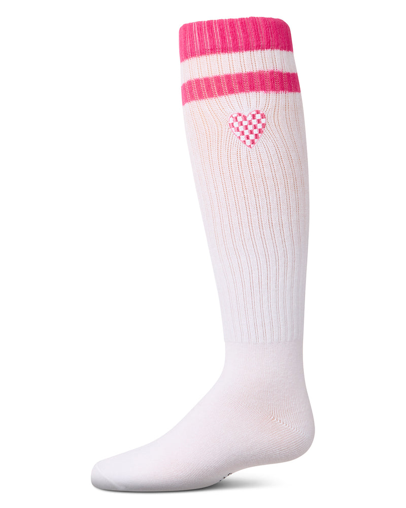 Girls Ribbed Varsity Stripe "Checkered Heart" Cotton Rich Knee Sock