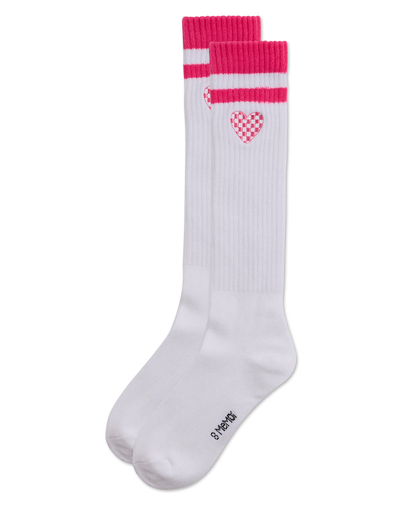 Girls Ribbed Varsity Stripe "Checkered Heart" Cotton Rich Knee Sock