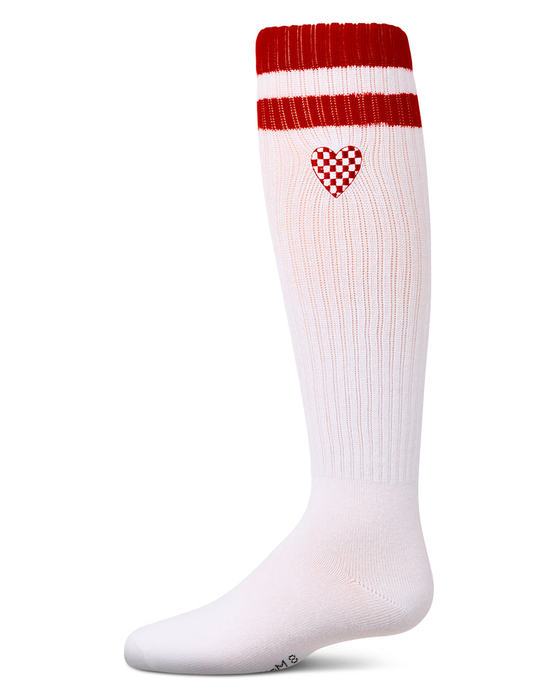 Girls Ribbed Varsity Stripe "Checkered Heart" Cotton Rich Knee Sock