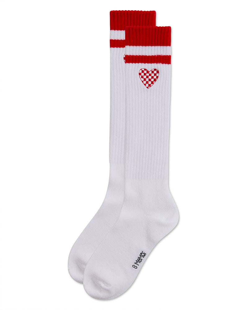 Girls Ribbed Varsity Stripe "Checkered Heart" Cotton Rich Knee Sock