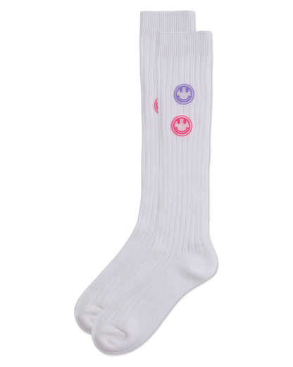 Girls "Rubber Smiley Face" Cotton Rich Knee Sock : Color: Winter White