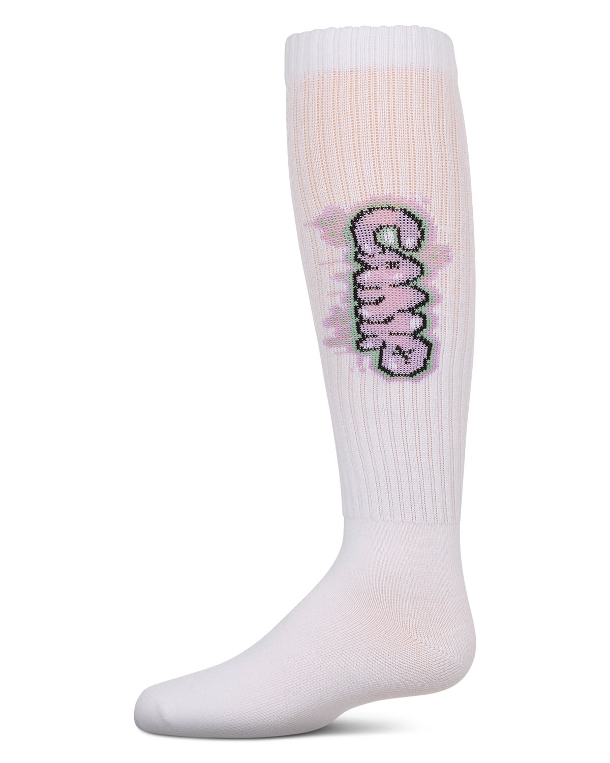 Girls Ribbed Cotton Blend "Graffiti Camp" Knee Sock : Color: White