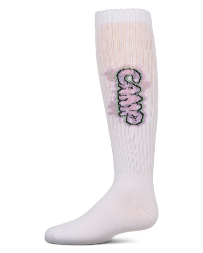 Girls Ribbed Cotton Blend "Graffiti Camp" Knee Sock : Color: White