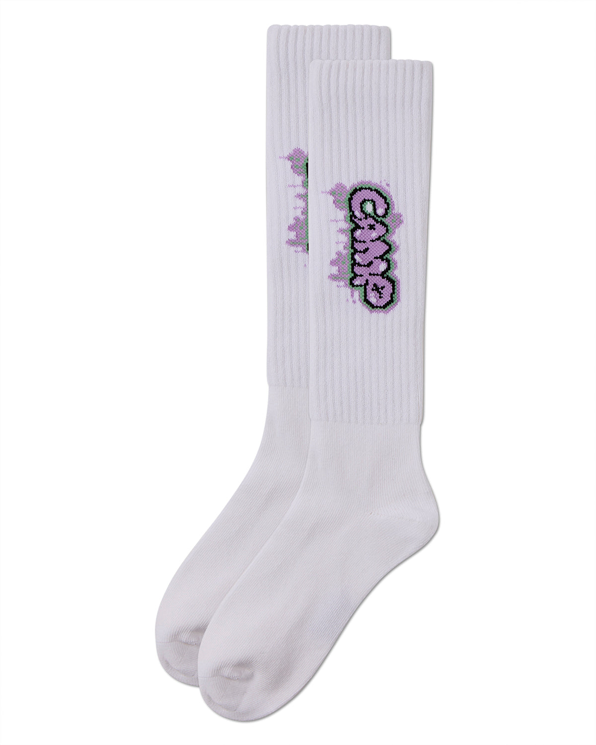 Girls Ribbed Cotton Blend "Graffiti Camp" Knee Sock : Color: White
