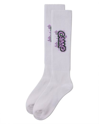 Girls Ribbed Cotton Blend "Graffiti Camp" Knee Sock : Color: White